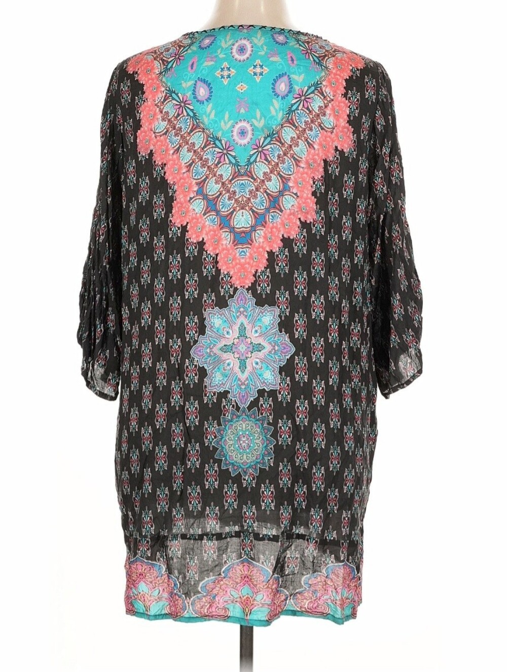Tolani Black Boho Tunic with Coral and Teal Accents | Size XL - Picture 4 of 4